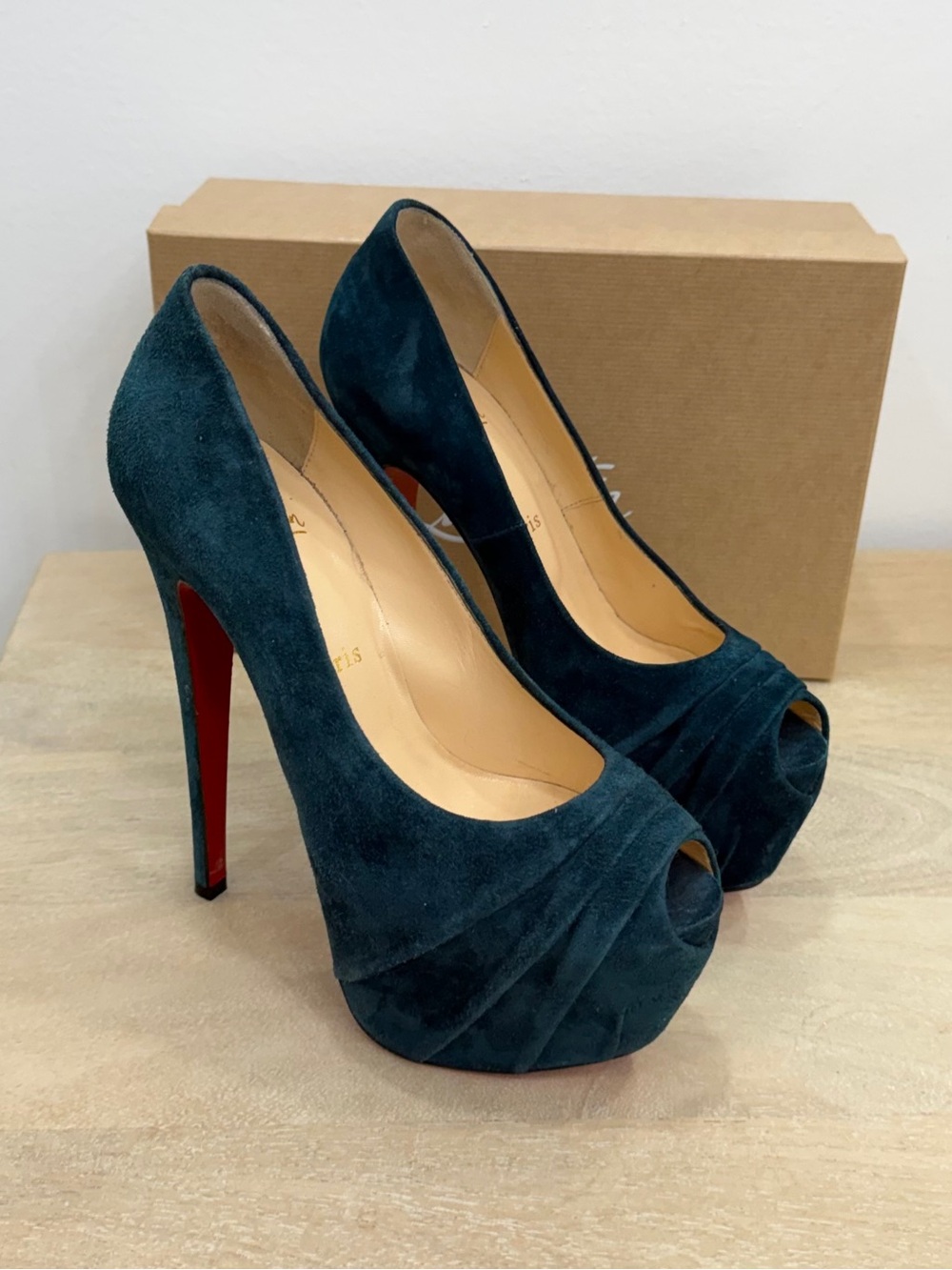 Christian Louboutin Teal Suede Peep-Toe Platform Pumps 38 1/2